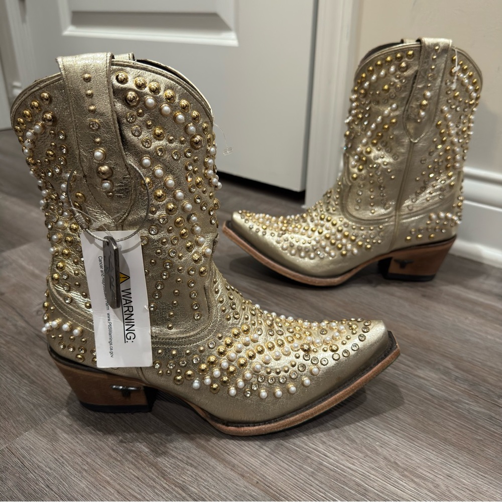 Lane Dolly Pearl Stud Jeweled Cowboy Western Metallic Gold Leather Bootie Boots - Picture 3 of 14